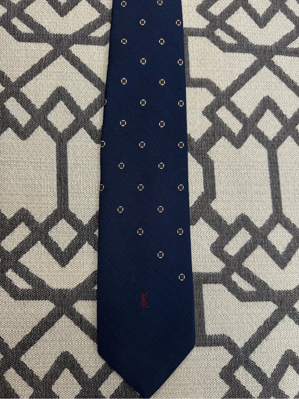 Yves Saint Laurent 56” Silk Tie Navy Dot Geometric Pattern Classic Designer Tie